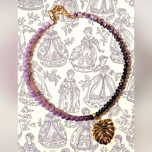 Natural Purple Jade & Amethyst With Monstera Leaf Pendant In Beaded Necklace
